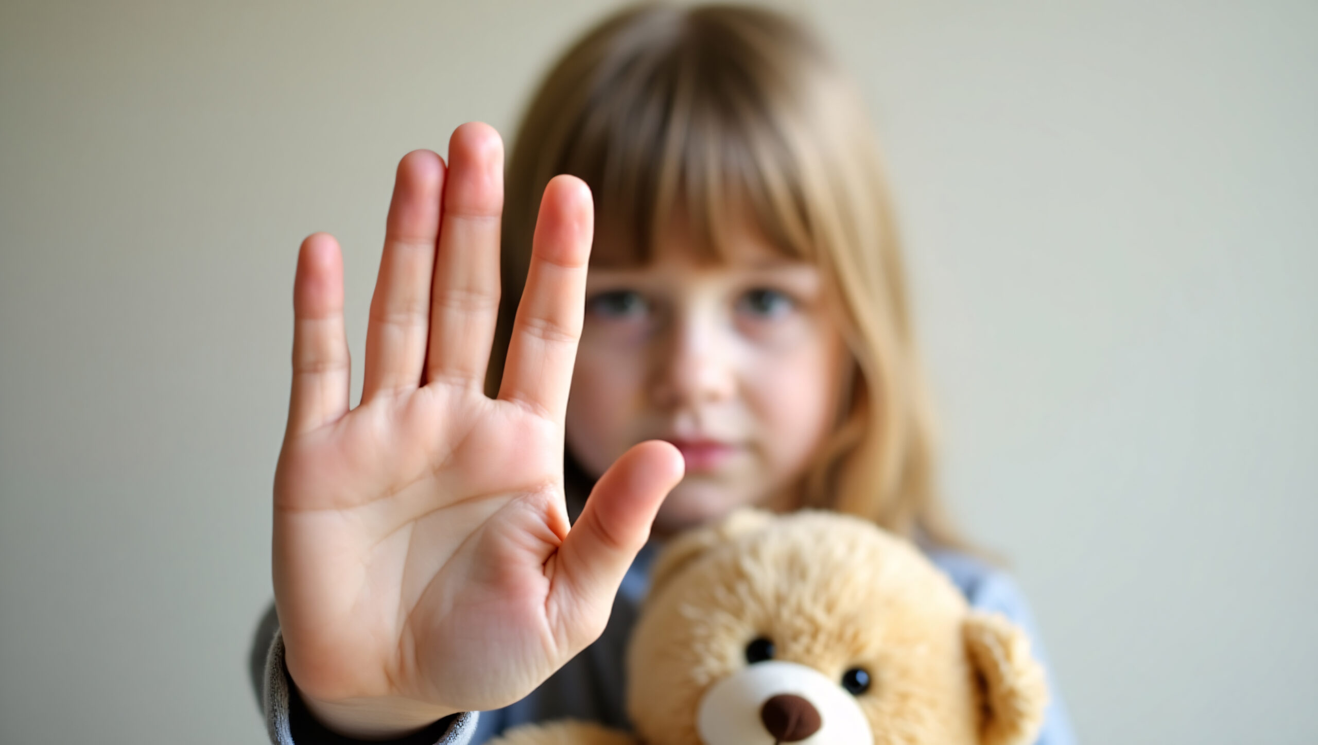 A young girl with long hair and a stuffed bear holding her hand up, signaling 'stop'